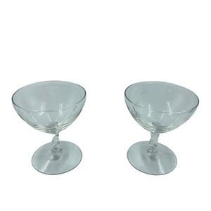 Vintage Clear Etched Champagne Wine Glasses Floral Flower Set 2 MCM Midcentury